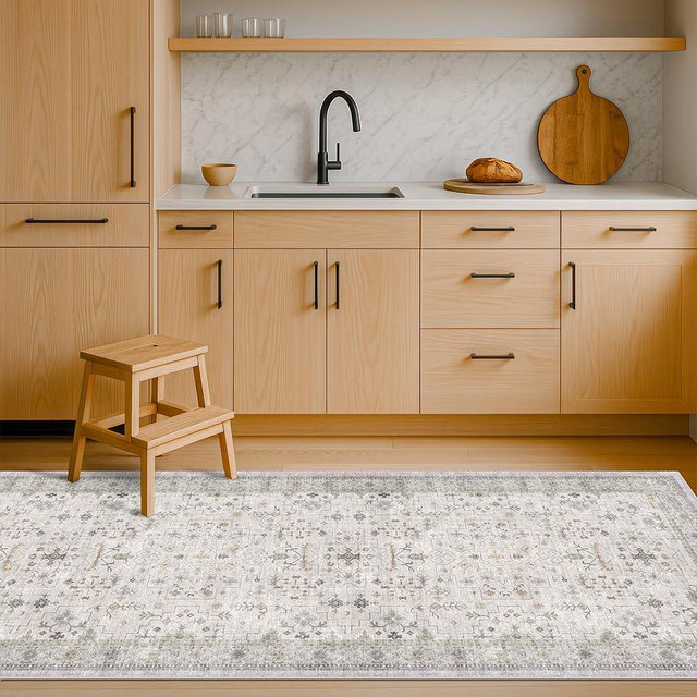 Hazo Haus Light Gray Washable 2'6"x8' Wide Runner Rugs for Kitchen, Bathroom, Hallway, Non-Slip & Stain Resistant Long Floor Rug, Neutral Boho Floral Décor