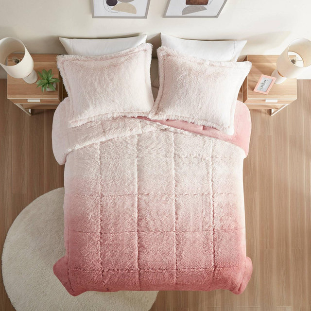 Intelligent Design 3pc Full/Queen Leena Shaggy Long Fur Comforter Mini Set Blush Ombre