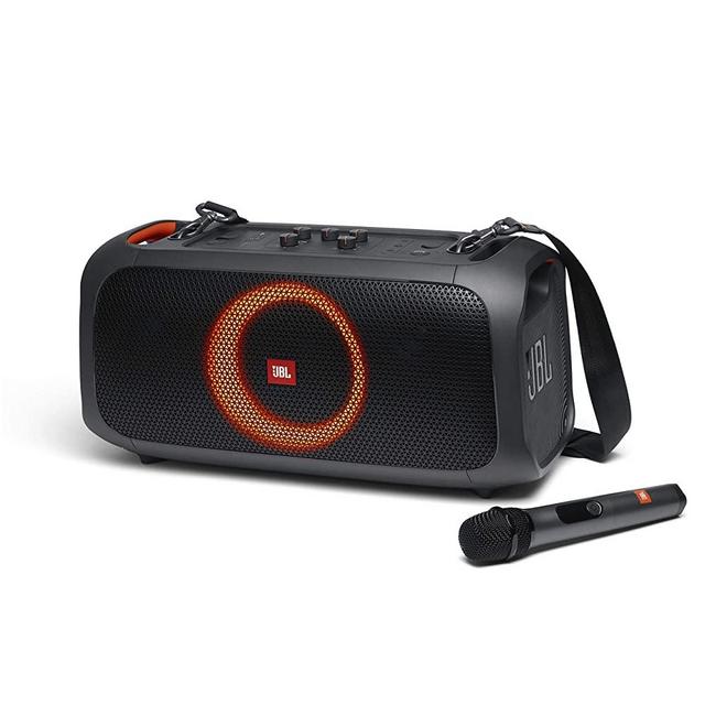 JBL PartyBox On-The-Go - A Portable Karaoke Party Speaker with Wireless Microphone, 100W Power Output, IPX4 splashproof, 6 Playtime Hours, Shoulder Strap and Wireless 2 Party Speakers Pairing (Black)