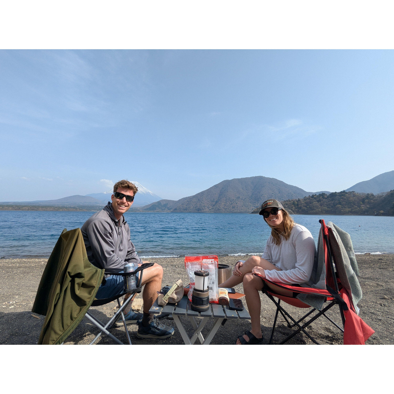 Mt. Fuji is hiding behind Nathan's big noggin. Ton's of REI catalog ready Japanese campers are hiding just outside the frame.