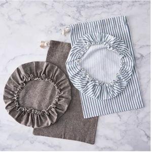 Dot and Army Bread Bag & Bowl Cover Set | White with Denim Blue Ticking