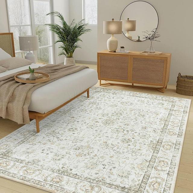 LIVEBOX Washable 8X10 Area Rugs for Living Room, Low- Pile Beige Rug Cream Living Room Rug, Boho Rug Soft Large Rug Non-Slip Non-Shedding Faux Wool Vintage Rug for Dining Room