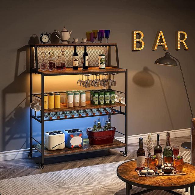 Jevindo Bar Carts for The Home, 41 Inches Liquor Cabinet, Modern Bar Cabinet with Movable Wheels Base, Wine Glasses Holder and Bottles Rack for Kitchen, Living Room, Dining Room, Rustic Brown