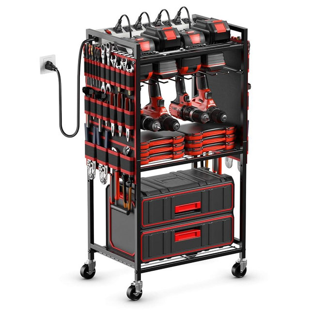 JUNNUJ Large Power Tool Organizer Cart with Charging Station, Garage Floor Standing Rolling Drill and Tools Battery Storage Cart on Wheels, Heavy Duty Utility Rack Shelf with 8 Outlet Power Strip