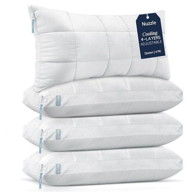 Nuzzle Pillows Queen Size Set of 4 Cooling Adjustable Pillows for Side Sleepers, Luxury Hotel Collection Bed Pillows – Best Adjust Height Soft Firm Pillows for Back, Stomach and Side Sleepers