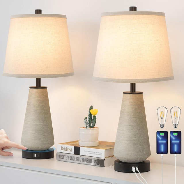 FOLKSMATE 22" Set of 2 Touch Control Table Lamps, 3-Way Dimmable Ceramic Bedside Lamp, Farmhouse Rustic Nightstand Lamp with USB A+C Charging Ports, End Table Lamp for Living Room Office Bedroom Home
