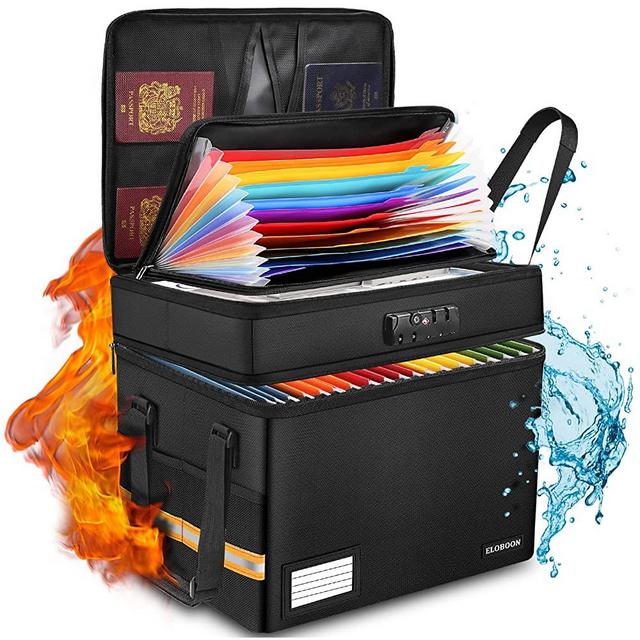 ELOBOON File Box with Lock, Fireproof Document Box with 13 Pockets Accordian File Organizer, File Organizer Box for Home/Office, File Storage Box Cabinet for Hanging Letter/Legal Folder, Black