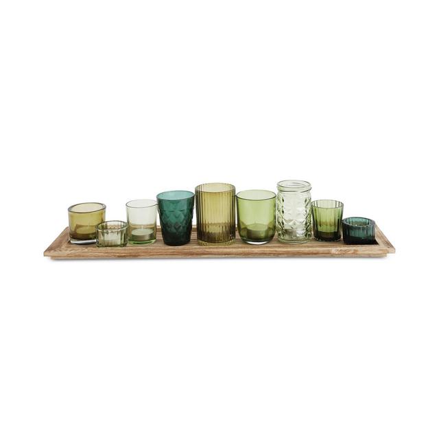 10-Pc. Wood Tray & Green Glass Votive Holders