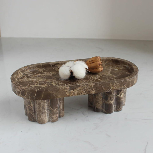 Natural Travertine Marble Oval Tray with 2 Legs, 10" Vanity Decorative Tray for Countertop Organizer, Catchall Tray for Perfume, Candles, Jewelry Dish