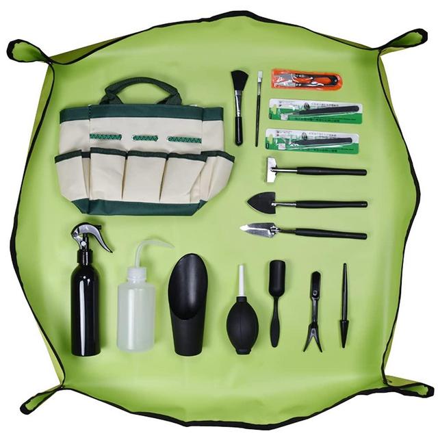 CFH-Allez 17 Pieces Succulent Plants Tools,Gardening Succulent Transplanting Hand Tool +Succulent Garden Pad Miniature Planting Collapsible Waterproof Planter Gardening Mat+Garden Bucket Bag (Green)