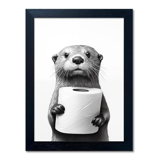 Framed Animal Bathroom Wall Art, Funny Bathroom Wall Decor, Toilet Paper in Raccoon's Hand, Black and White Canvas Print Picture Artwork for Bathroom