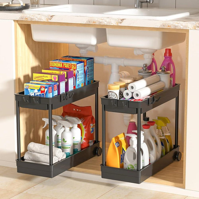 ASOBEAGE Under Sink Organizers and Storage：Black 2 Tier Sliding Cabinet Basket Organizer Drawer with Hooks, Multi-Purpose Under Sink for Bathroom Home Kitchen Desktop (2PACK)