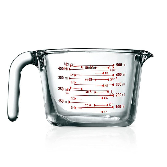 High Borosilicate Glass Measuring Cup with Customized Decal Scale, 500 ml., Safe to Use in Microwave and Freezer, Oven and Dishwasher Safe