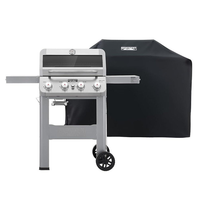 Monument Grills 4-Burner Liquid Propane Gas Grill, Silver Stainless Steel Grill Patio Garden Barbecue Grill with Clearview® Lid and One Foldable Shelf, Mesa400MF with BBQ Cover