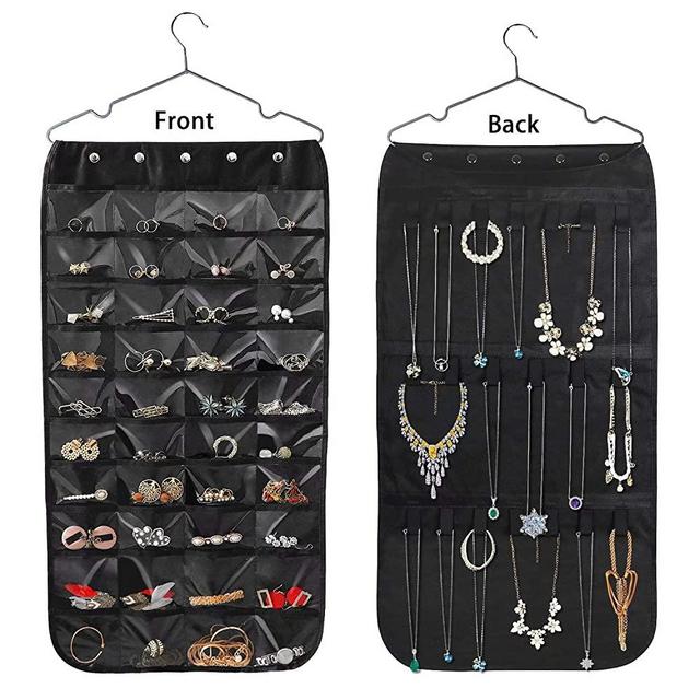 Hanging Jewelry Organizer, Double Sided 40 Pockets and 20 Magic Tape Hook Jewelry Organizer, Necklace Holder Jewelry Chain Organizer for Earrings Necklace Bracelet Ring with Hanger, Black