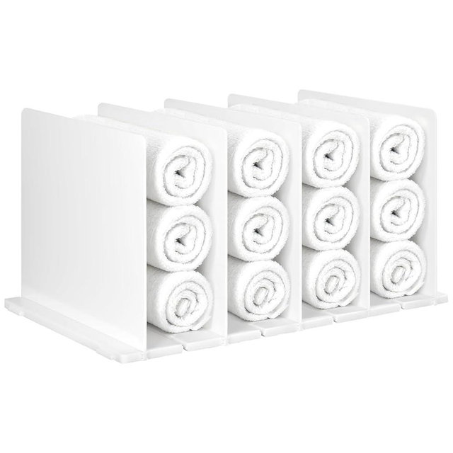 Towel Organizer for Closet, White Interlocking Towel Organizer, Bathroom Towel Storage, Space Saving Bathroom & Cabinet Under Sink Closet Towel Organizer, Beach & Bath Towel Holder (5 Partition)