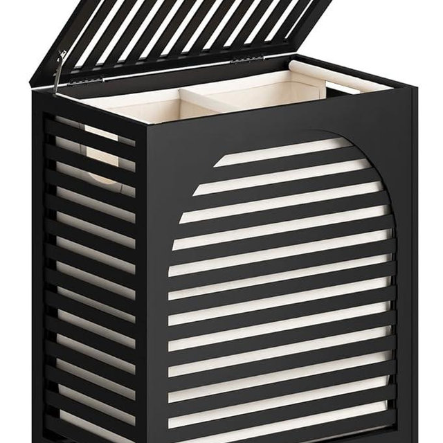 Black Laundry Hamper, Laundry Hamper with Lid, 27.3 Gallon (103L) Bamboo Wood Clothes Laundry Basket with Lid and Handles, Removable Liner