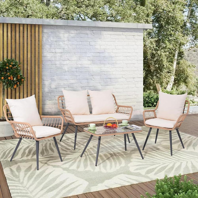 Verano Garden 4 Pieces Patio Furniture Set, Outdoor Wicker Patio Conversation Set for Porch Deck, Boho Loveseat & 2 Armchairs with Cushion and Pillow, Tempered Glass Table