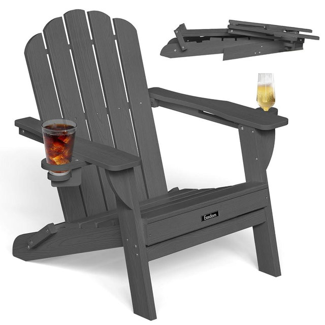 Eesdom Folding Adirondack Chair, HDPE Adirondack Chair with 2 Cup-Holders, Pre-Assembled Outdoor Fire Pit Chairs for Poolside, Garden, Patio, Grey