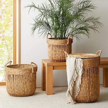 Vertical Lines Large Round Seagrass Basket