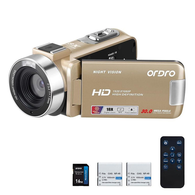 ORDRO B320 1080P 30FPS Video Camera Recorder, Full HD 30MP 18X Digital Zoom Camcorder, YouTube Vlogging Camera Infrared Night Vision, 3.0 Inch Flip Screen, 2 Batteries, Remote Control (Gold)