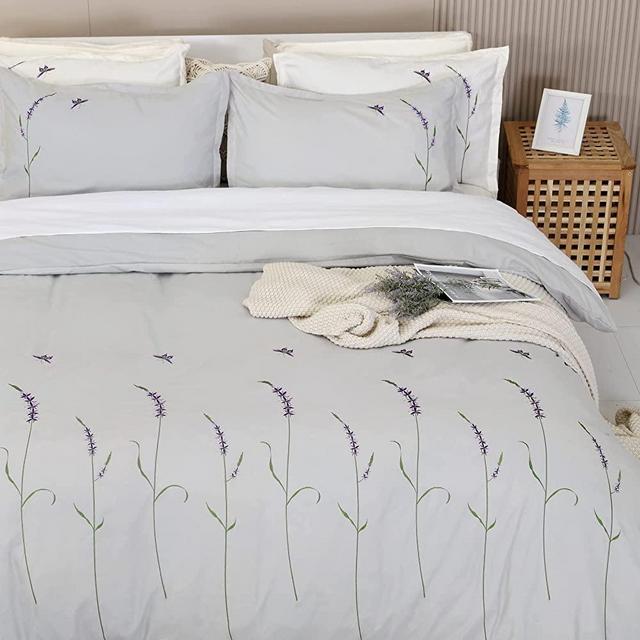 USbelff Grey Duvet Cover Queen - Soft Breathable Premium Microfiber, 3 Piece Cottagecore Embroidery Floral Bedding Set with Zipper Closure & 8 Corner Ties, 1 Duvet Cover & 2 Pillowcases - Queen Size