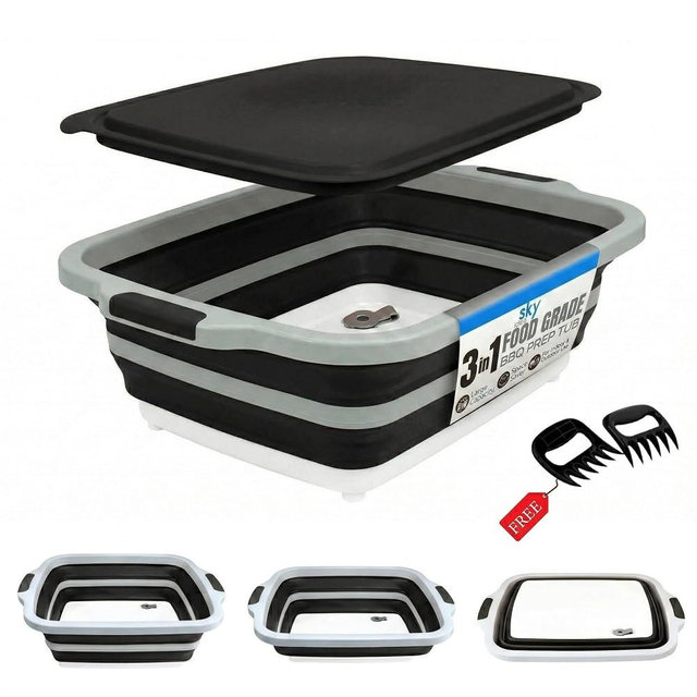 Collapsible BBQ Prep Tub with Lid - XL 4.22 GAL Folding Cutting Board & Food Basin for Outdoor Cooking, Marinating Container, Space Saving Prep Station (Black)