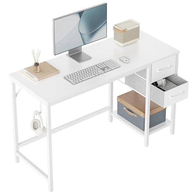 CubiCubi Computer Desk with 2 Drawers, 47 Inch Small Home Office Desk Study Writing Table, Pure White