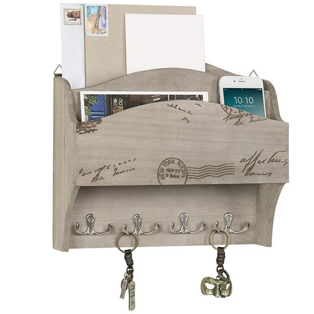 MyGift 2-Slot Rustic Gray Wall-Mounted Mail Sorter & 4 Dual-Key Hooks