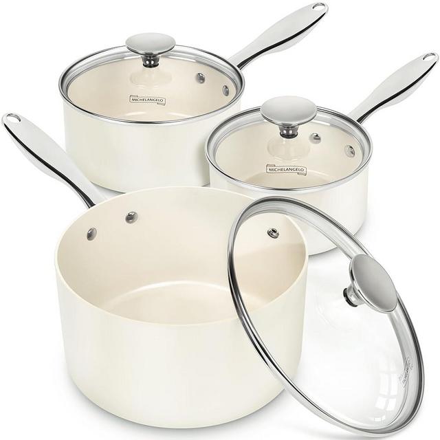MICHELANGELO Sauce Pan Sets, Ceramic Saucepans with Lid, 1Qt & 2Qt & 3Qt Small Pots for Cooking, Nonstick Saucepan Set with Stainless Steel Handle, Oven Safe, White
