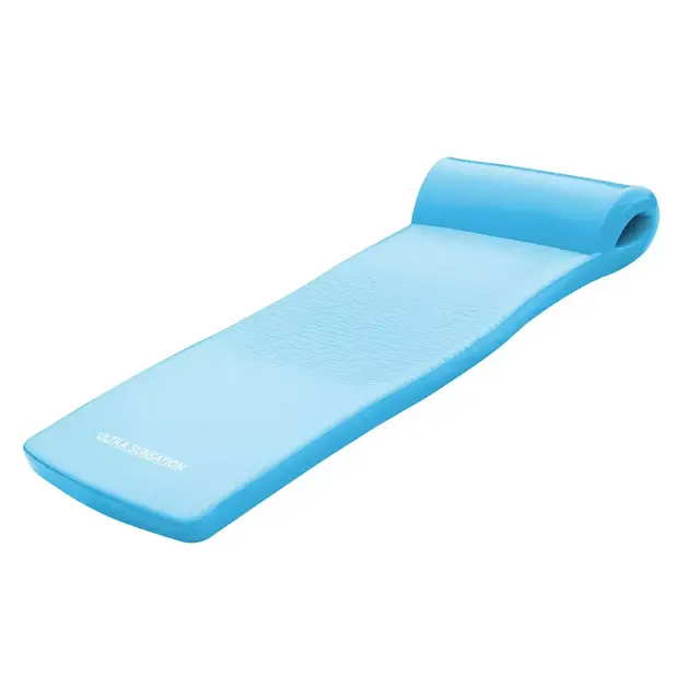 TRC Recreation Ultra Sunsation 2.5” Thick Vinyl Coated Foam Swimming Pool Float Mat Adult Lounger with Built-In Roll Pillow, Marina Blue