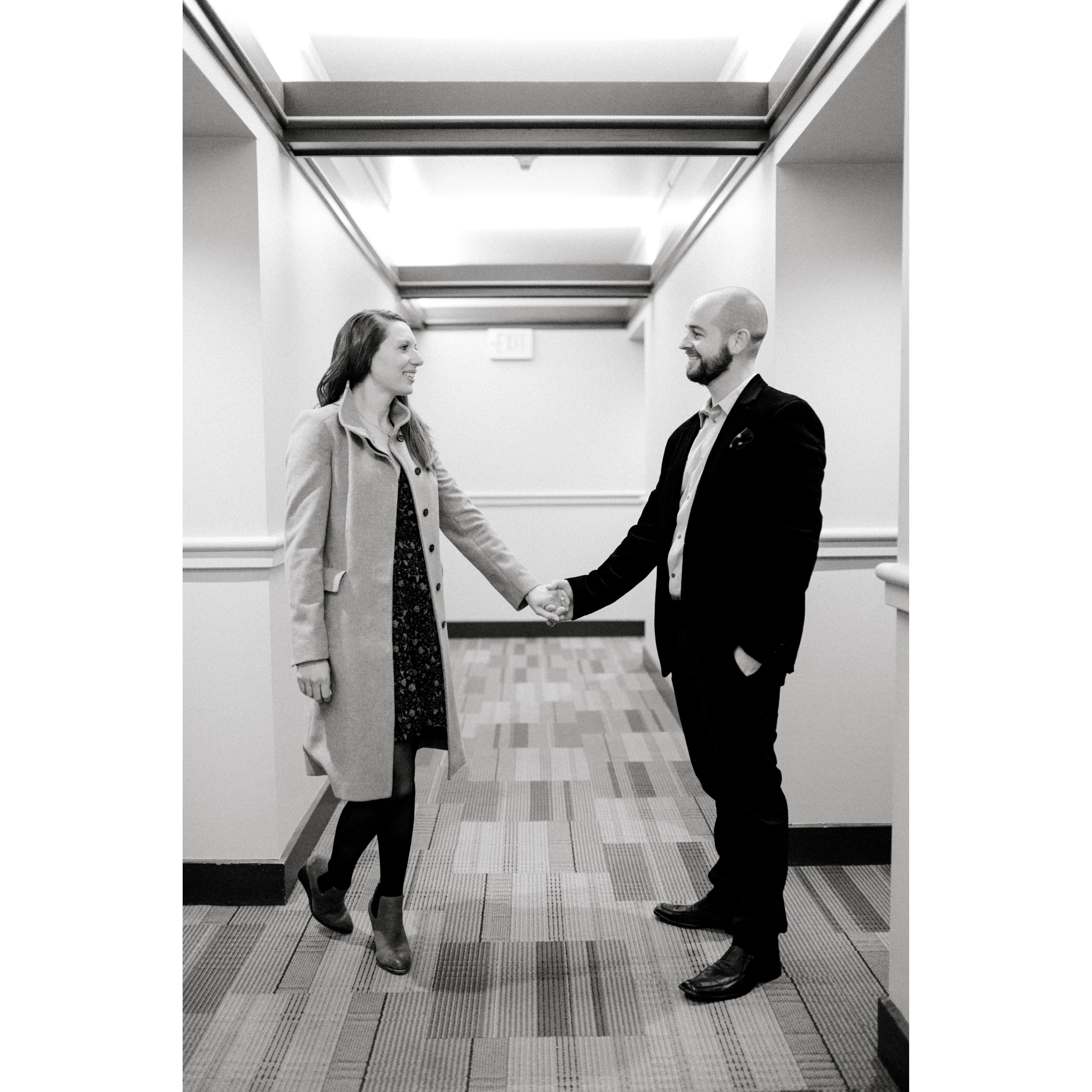 In the hallway where we met as neighbors living across the hall from each other!