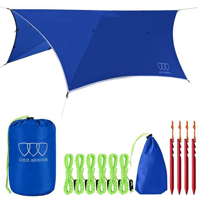 Gold Armour Rainfly Tarp Hammock, Premium 14.7ft/12ft/10ft/8ft Rain Fly Cover, Waterproof Ultralight Camping Shelter Canopy, Survival Equipment Gear Camping Tent Accessories (Blue 12ft x 10ft HEX)