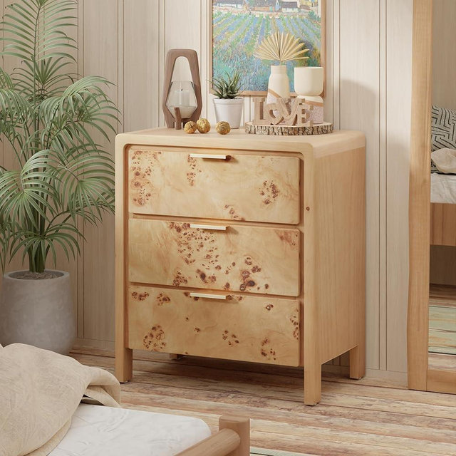COZAYH Farmhouse Nightstand with 3 Drawer, Distressed Wood Rustic Accent Dresser, Burl Nightstand for Bedroom, Entryway, Fully Assembled, Natural