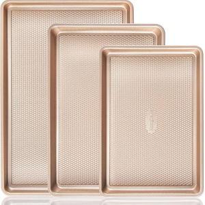 HONGBAKE Baking Sheet Pan Set, Cookie Sheets for Oven, Nonstick Half/Quarter/Jelly Roll Pans with Diamond Texture Pattern, Heavy Duty Cookie Tray
