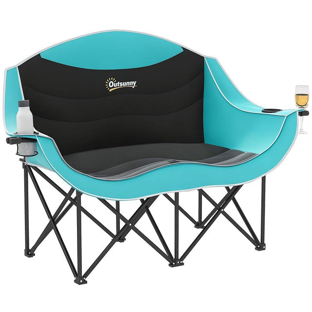 Outsunny Double Camping Chair for Adults, Padded Folding Camp Chair for 2 Person with Armrest, Wine Glass Holder, Cup Holder, Carry Bag for Outdoor Sports, Picnics, Supports up to 551 lbs., Green