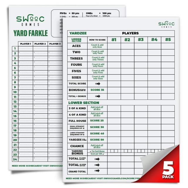 SWOOC Games - 5 Big Laminated Yardzee & Farkle Score Cards (11.5in x 8in) with Rules | Large Reusable Dry Erase Pads for Giant Outdoor Dice Games | Jumbo Score Sheet for Yardzee and Farkle