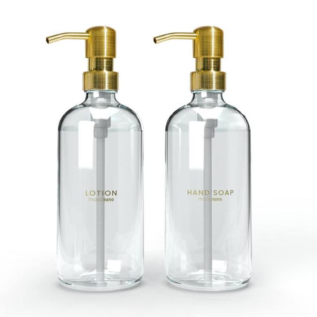 MaisoNovo Glass Soap Dispenser with Pump | Vintage Soap Dispenser Bathroom and Kitchen Set w. Dish Soap, Hand Soap, Lotion Waterproof Labels | Clear Bottles with Gold Pumps - Set of 2