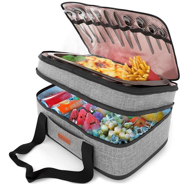 Shior Insulated Casserole Carrier 4 Hot or Cold Food - Double Decker, Expandable w/ Plates & Utensils Compartment - Waterproof Thermal Food Container for Potluck, Picnics, etc - 16x11x8 Inches - Gray