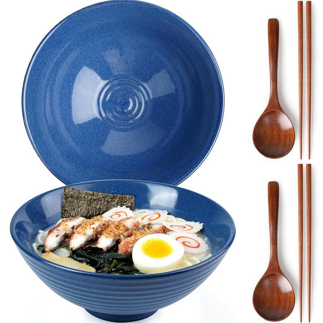 NUTRIUPS 8 Inch Ceramic Ramen Bowl Set of 2 Pho Bowls 40oz Japanese Noodle Udon Soup Bowls with Spoons and Chopsticks (Sapphire Blue)