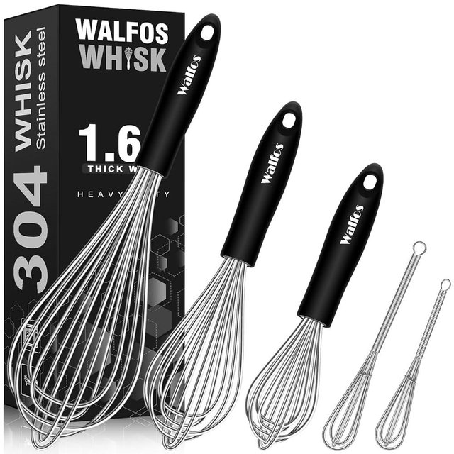 Stainless Steel Whisk Set with 7"+5" Mini whisks, Walfos Heavy Duty Whisks, Kitchen wisk (8.5+9+11in) Premium for Whisking, Blending, Beating, Frothing & Stirring.