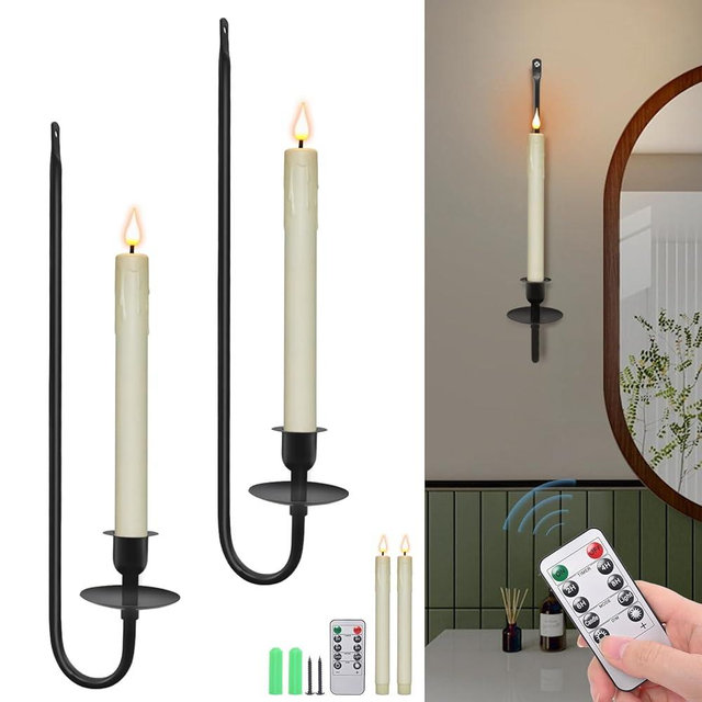 Wall Candle Holder Set of 2 with Flameless Candles Battery Operated and Remote Control, Home Decor Wall Sconces Holder Candle Sticks for Living Room Fireplace Painting (Black)