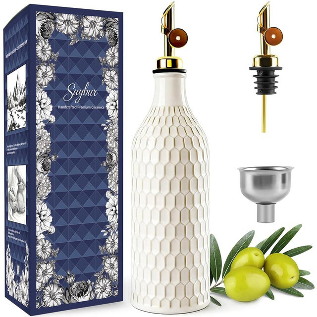 Suybur Ceramic Olive Oil Dispenser Bottle for Kitchen with Gravity Spout, 19 oz Opaque Relief Oil Cruet with Funnel, Oil Container for EVOO, Vinegar, and Soy Sauce (Honeycomb Design)