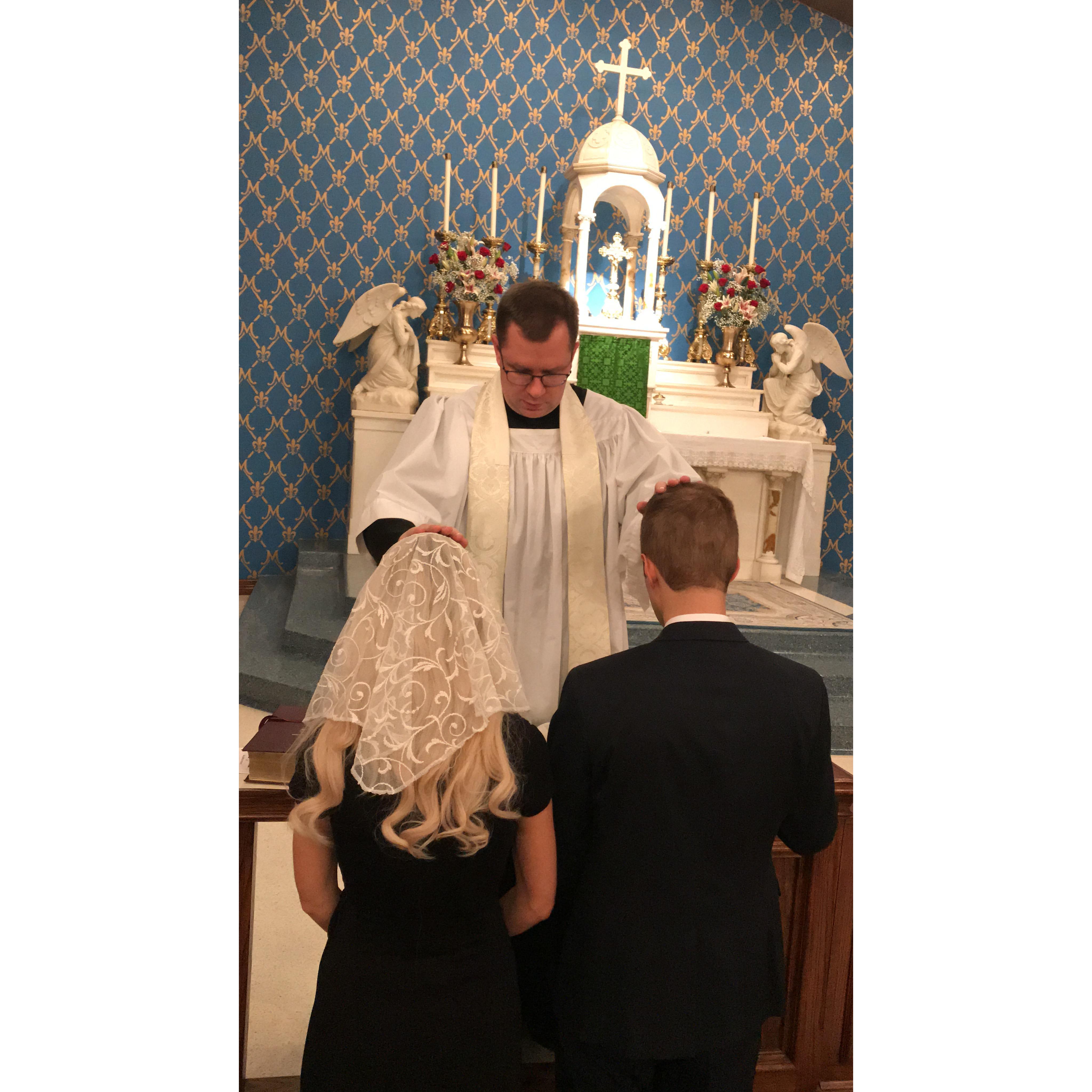 Father O'Brien blessing us. We are so grateful & indebted to Father for his generosity in giving us marriage preparation classes. It was so special to have him there! God is so good to us.