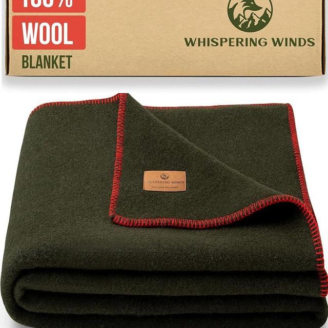Whispering Winds 100% Wool Blanket, 60"x 84", Large Virgin Wool Throw, Thick, Soft, Warm Camping Blanket, Outdoor Bushcraft, Survival - Military Green