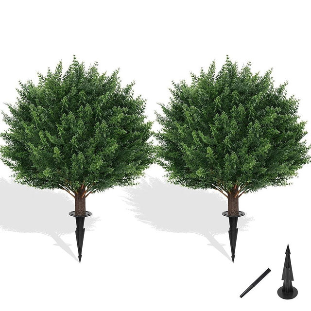 Grooy Artificial Cypress Topiary Tree with Ground Spike, Set of 2 Artificial Shrub Bushes, Fake Evergreen Tree for Porch, Artificial Plants for Outdoor Planters Indoor UV Resistant