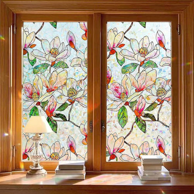 Bectosy Window Privacy Film Stained Glass Window Film Decorative, Static Cling Rainbow Window Cling, Heat Control Non-Adhesive for Bathroom Home Door 17.5" x 78.7"