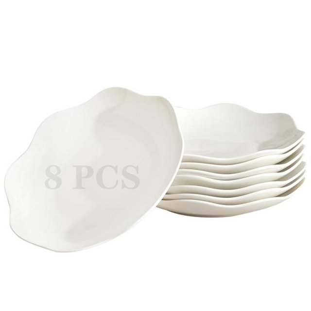 BABALIU 8.5 Inch Salad Plates Set of 8, Ceramic White Leave Wave Rim Small Dinner Appetizer Pasta Plate, Porcelain Dinnerware Serving Dishes for Pancakes, Steak, Pizza, Microwave, Dishwasher Safe