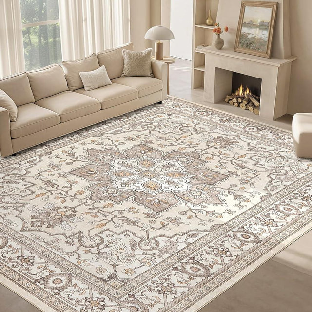 ESEOE Washable 8x10 Area Rugs: Soft Large Vintage Low Pile Carpet Neutral Farmhouse Non-Slip Stain Resistant Indoor Rug for Living Room Bedroom Dining Room Dorm Office Home Decor,Brown