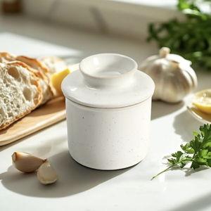 White Speckled French Butter Dish,Handmade Reactive Glaze Ceramic Butter Crock with Water Line for Speradable Fresh Butter